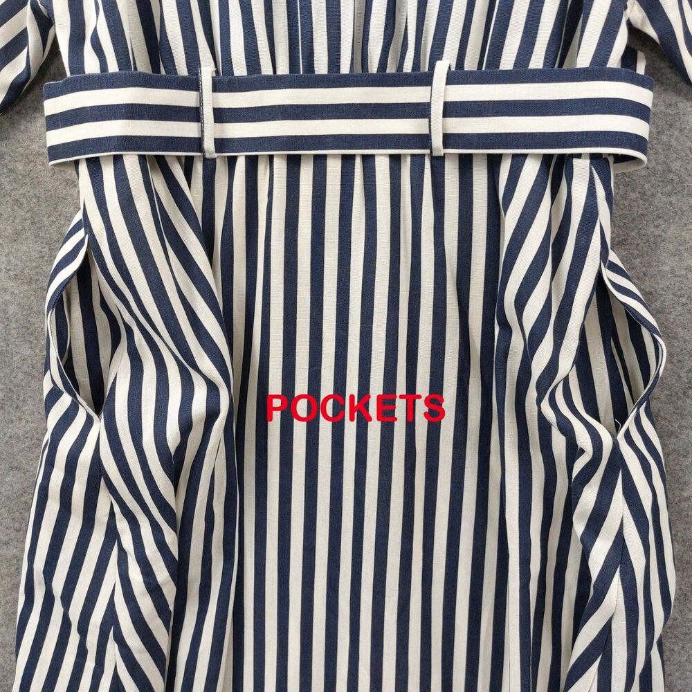 Entro Blue White Stripe Belted Midi Shirt Dress M Coastal Chic Pockets - Picture 12 of 16